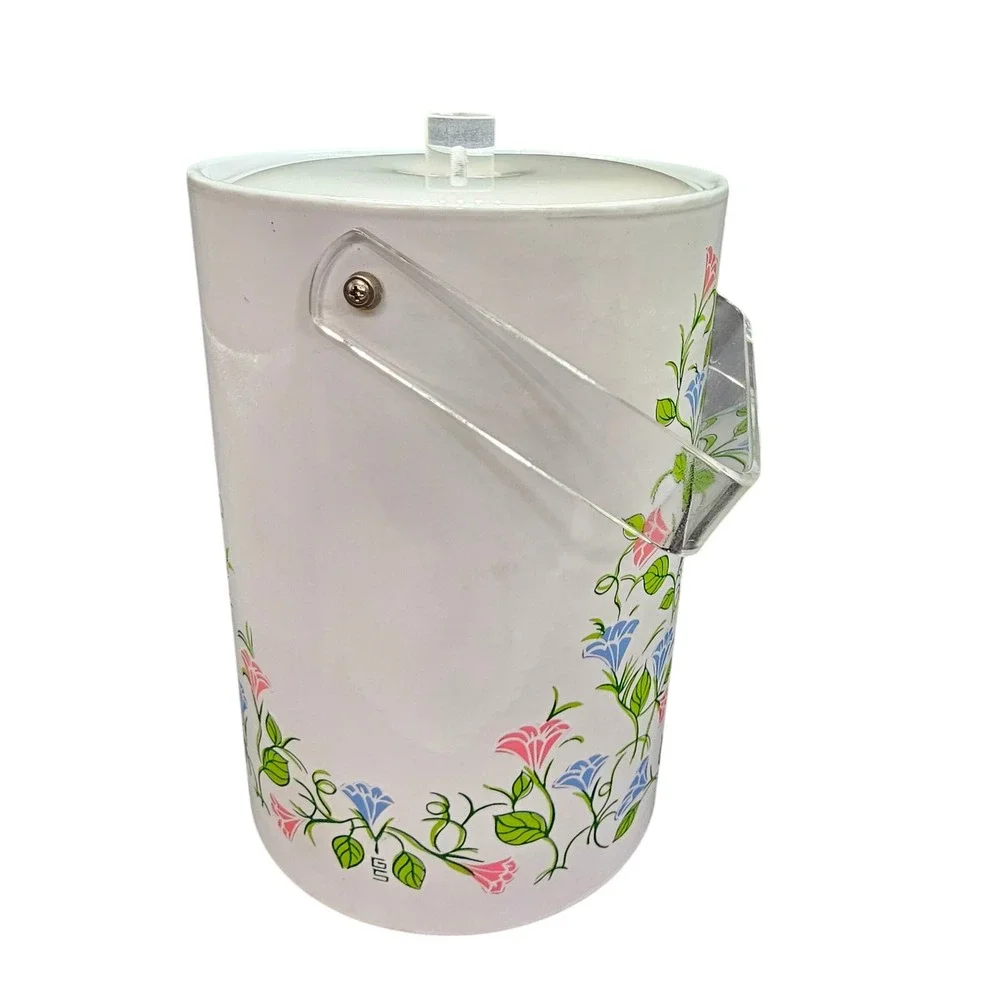 Vintage‎ 1960s Ice Bucket White Enamel Floral Lucite Handle MCM Barware